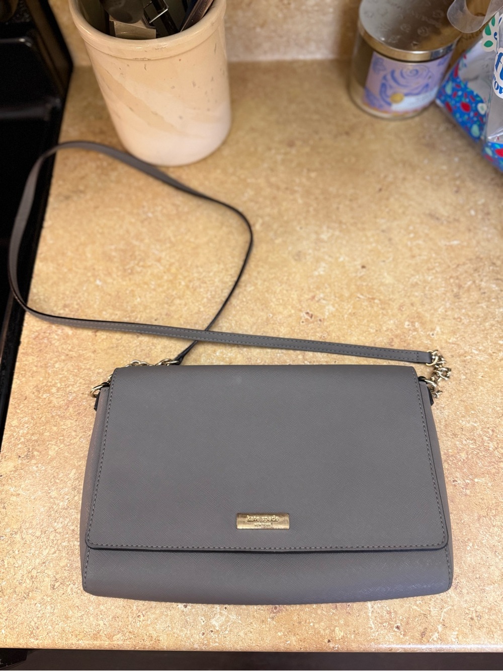 kate spade Gray Saffiano Leather Crossbody Bag with Gold Hardware